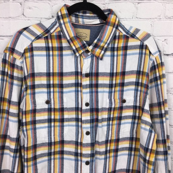 Roebuck & Co White Yellow Plaid Collared Cotton Button Down Flannel Shirt XL - Picture 2 of 11